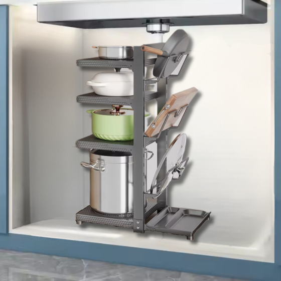 Полка-подставка для кастрюльна 4 полки двухсторонняя с тремя держателями для крышек з углеродистой стали,серая Каменец-Подольский