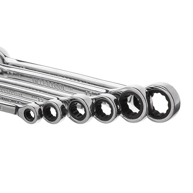 Набор ключей комбинированных, с трещоткой, 6 шт., 8-19 мм, Cr-V, профессиональный, DIN3113 INTERTOOL XT-1301 Киев - изображение 4