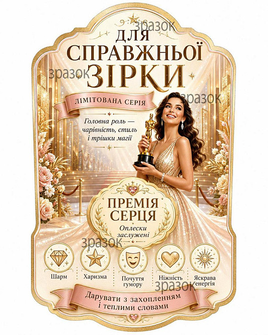 Етикетка на пляшку "Для справжньої зірки" + контретикетка | Подарунок жінці | Святкова етикетка на алкоголь | Гламурний дизайн Одеса - фото 1
