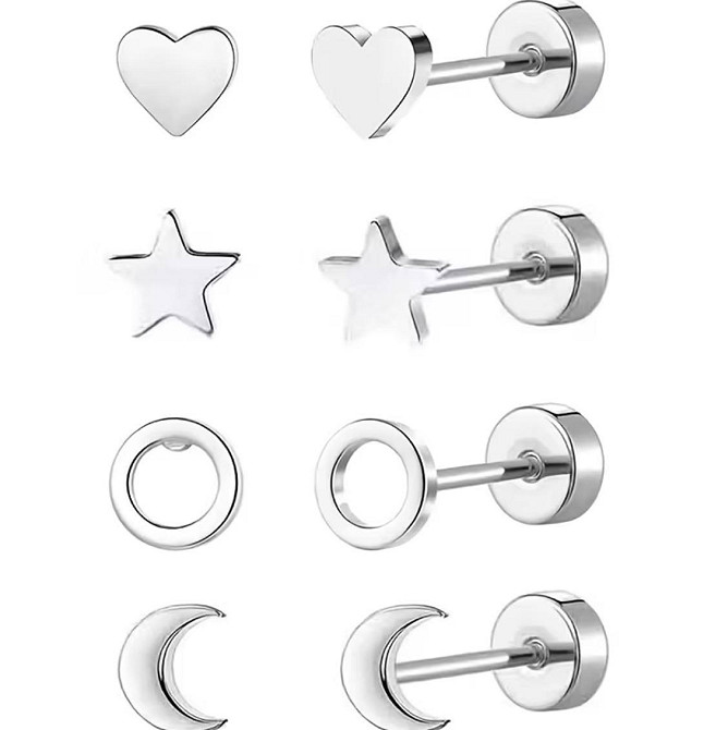 Набор серег гвоздиков 4 пары сталь сердце звезда кольцо луна Киев - изображение 1