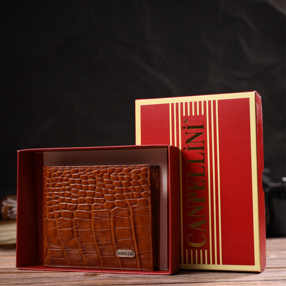 Мужской горизонтальный кошелек из натуральной фактурной кожи с тиснением под крокодила CANPELLINI 21781 Рыжий Киев - изображение 10