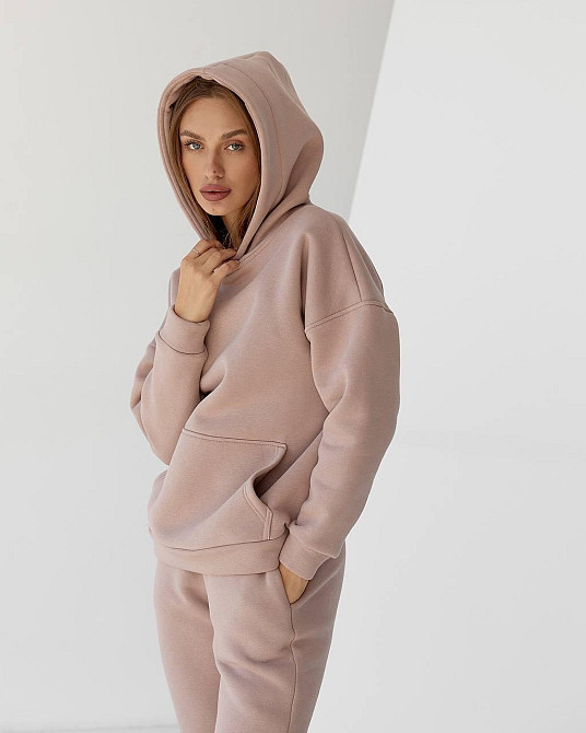Жіночий спортивний теплий костюм оверсайз на флісі Пудровий L Харків - фото 3
