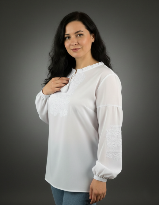 Шифоновая женская вышиванка белая по белому с цветами в орнаменте Киев - изображение 3