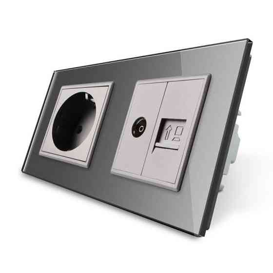Розетка двомісна комбінована Силова Інтернет ТБ Livolo сірий скло (VL-C7C1EU1V1C-15) Коломыя