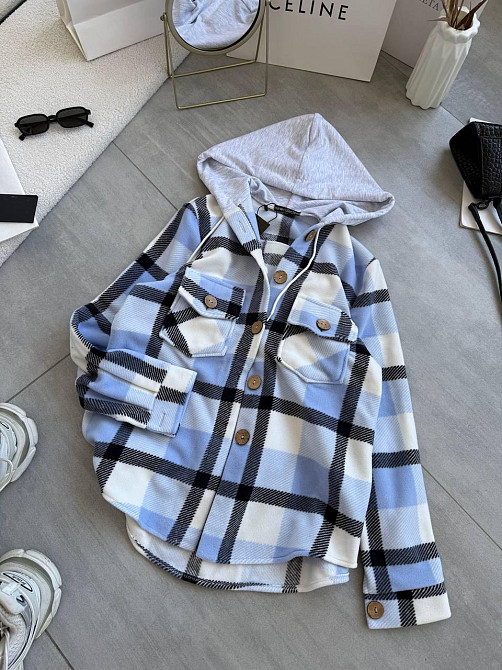 Женская теплая оверсайз рубашка с капюшоном турецкий двусторонний флис Полар Голубой, 48/52 Одесса - изображение 1