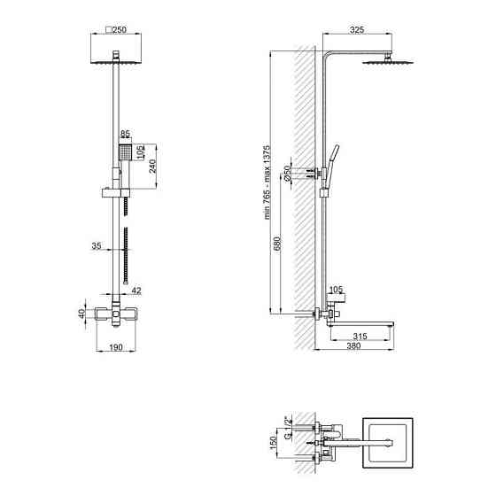 Душевая система с изливом Lidz Kubis 1033 на три потребителя (k35) LDKUB1033NKS46110 Nickel сатин Киев