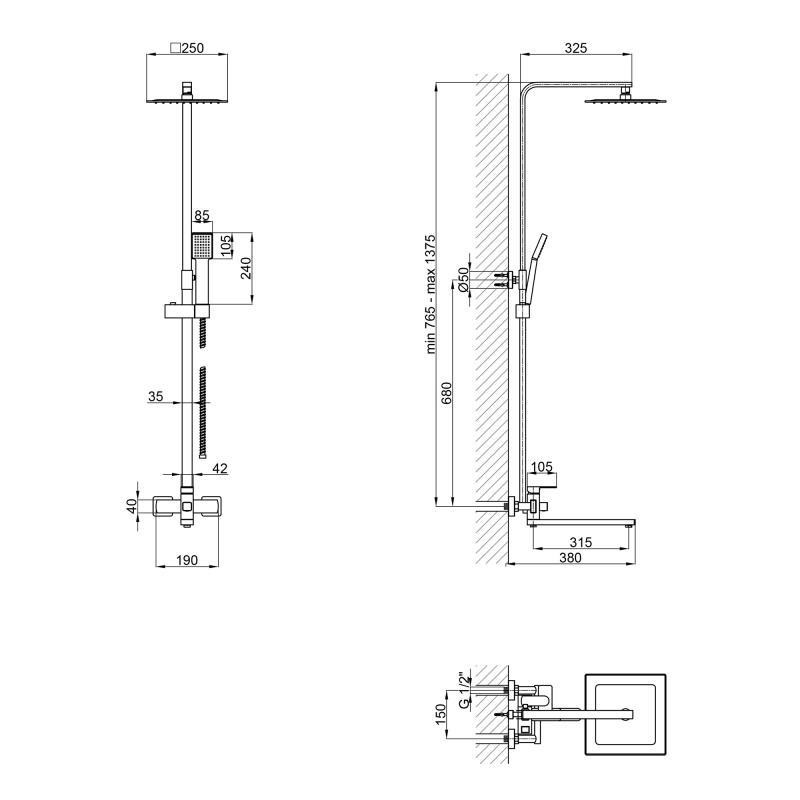 Душевая система с изливом Lidz Kubis 1033 на три потребителя (k35) LDKUB1033NKS46110 Nickel сатин Киев - изображение 2