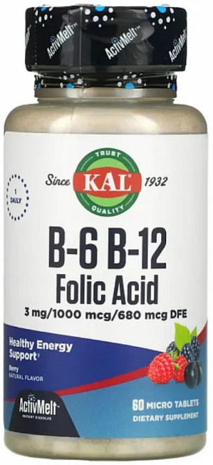 Витамины B-6 B-12 фолиевая кислота KAL B-6 B-12 Folic Acid 60 tabs черная вишня Киев - изображение 1