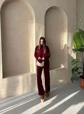 Женский теплый базовый костюм двойка мелкая машинная вязка Бордовый Одесса