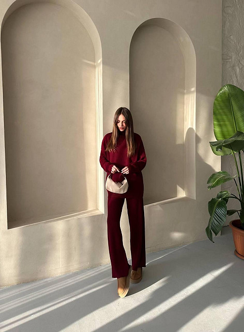 Женский теплый базовый костюм двойка мелкая машинная вязка Бордовый Одесса - изображение 4