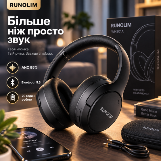 Беспроводные наушники RUNOLIM WH301A Bluetooth 5.3, ANC 95%, Hi-Fi, микрофон, 70 часов работы, 3,5 мм, черные Киев