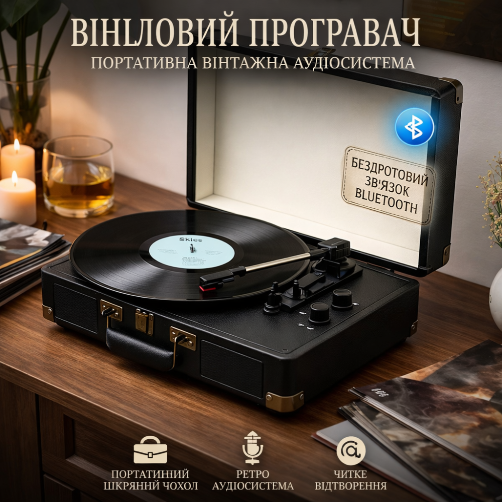 Портативный виниловый проигрыватель с Bluetooth в винтажном кожаном чехле для пластинок, ретро аудиосистема Киев - изображение 1