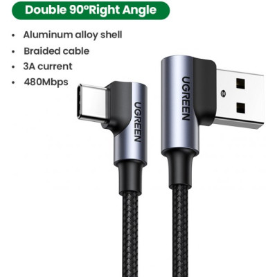 Дата кабель USB 2.0 AM to Type-C 1.0m US176 Both Angled 3A (Black) Ugreen (20856) Винница - изображение 3