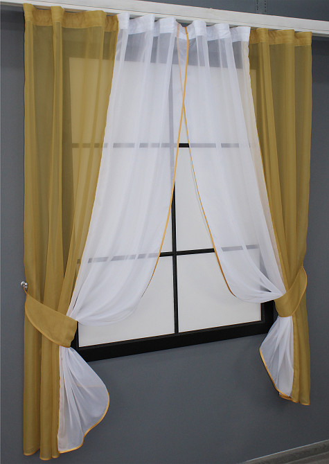 Кухонные шторы VR-Textil № 017к комбинированные с подвязками янтарный с белым 265х170 см (50-015) Киев - изображение 2