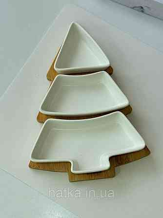 Тарілка менажниця новорічна "Біла Ялинка" кераміка 26*15*h5 см бамбукова підставка 8030-353 Київ