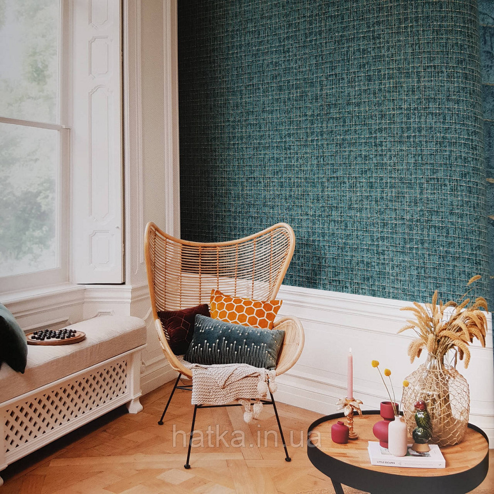 Шпалери флізелінові еко Rasch Kerala 0.53х10 геометрія смуги сітка золотисті на синьо бірюзовому ефект старовини Київ - фото 1