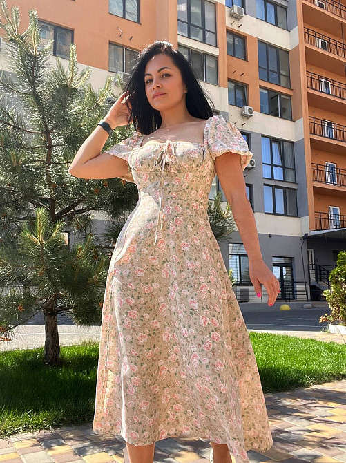 Платье женское летнее A-N 2669 цветочный принт разрез шнурок на груди длинное бежевое, бежевый, M Киев - изображение 1