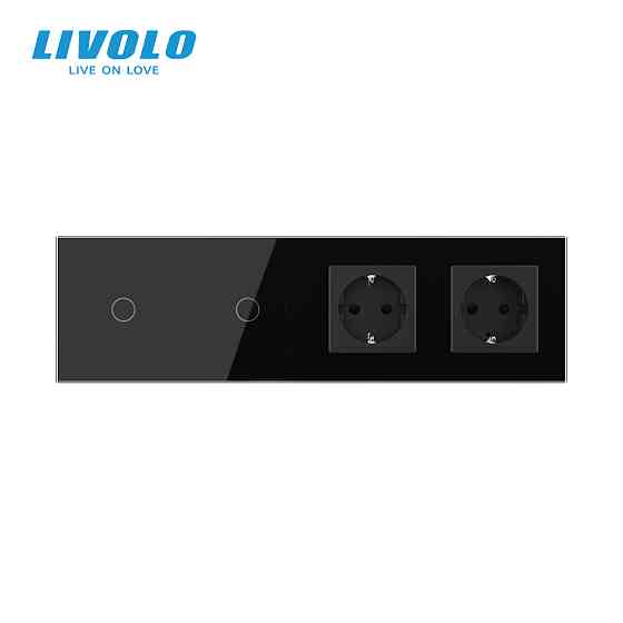 Сенсорний вимикач 2 сенсора (1-1) 2 розетки Livolo чорний скло (VL-C701/C701/C7C2EU-12) Коломия