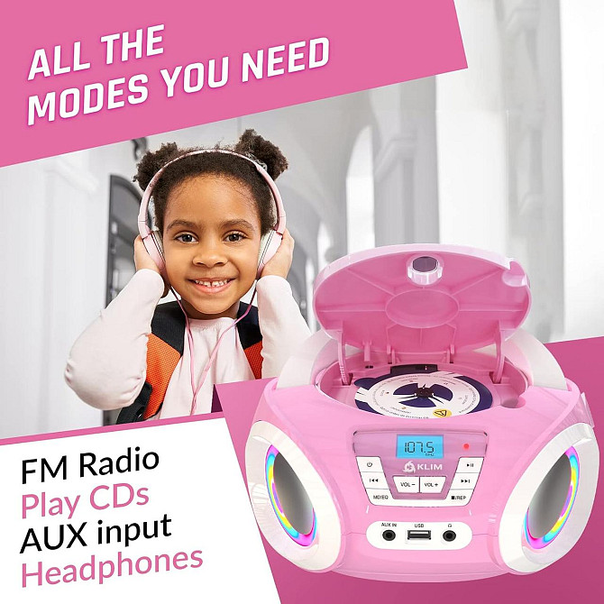 CD-плеер с FM-радио, бумбокс портативный с RGB-подсветкой, USB/AUX на батарейках розовый, проигрыват Киев - изображение 5