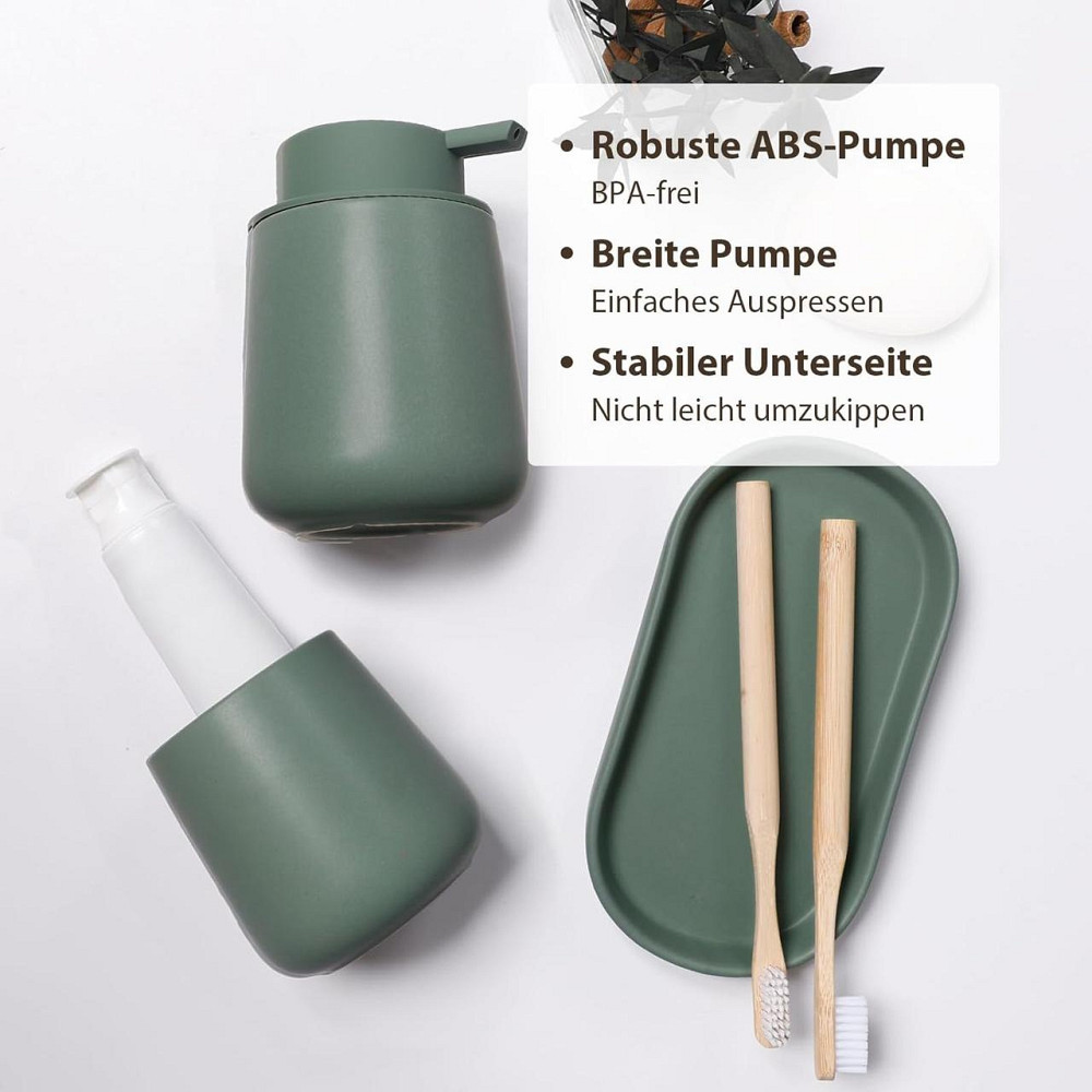 Набір аксесуарів для ванної 3 шт дозатор для мила 350 мл, стакан для щіток 320 мл, підставка для прикрас, зелений, кераміка Київ - фото 3