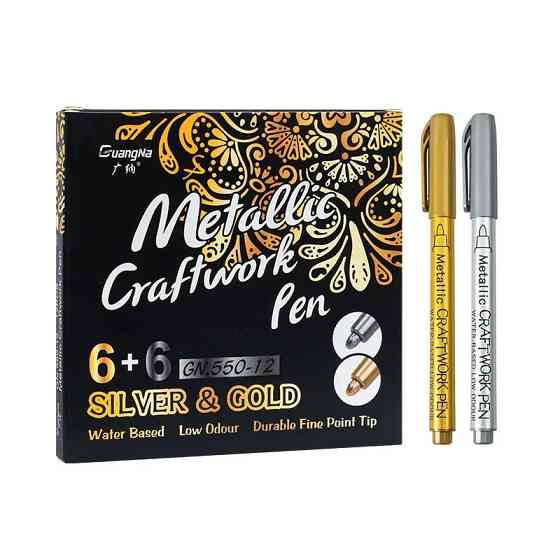 Набір маркерів на водній основі Metallic Craftwork Pen 12шт 6 золотистих + 6 сріблястих для малювання і творчості,металік Кам'янець-Подільський