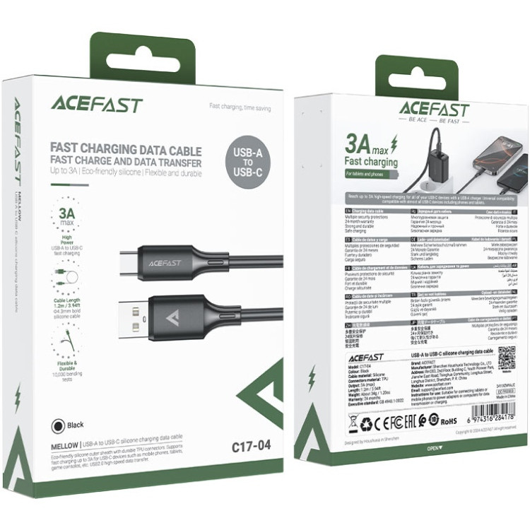 Кабель USB 2.0 AM-Type-C M, 1.2м 3A 60W silicone C17-04 Black Acefast Вінниця - фото 4