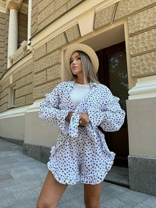 Жіночий принтований костюм-двійка: сорочка та шорти з натурального мусліну Білий 2, 48/50 Одеса - фото 7