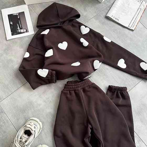 Жіночий теплий костюм-двійка з сердечками тринитка на флісі Шоколадний, 48/52 Одеса