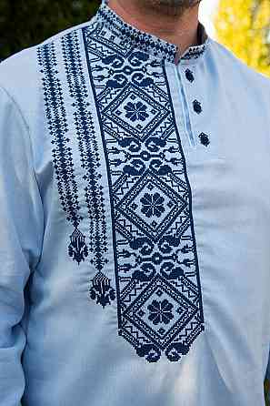 Вышиванка мужская, голубая, льняная топ Киев