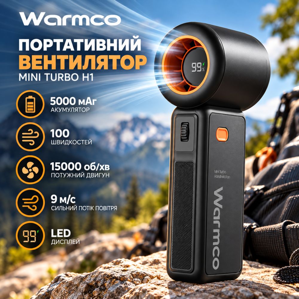 Портативний вентилятор Warmco H1, 5000 мАг, 100 швидкостей, 15000 об/хв, 9 м/с, LED-дисплей, чорний Київ - фото 1