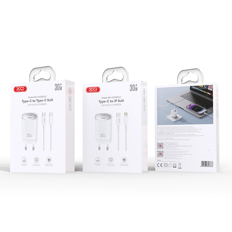Мережевий зарядний пристрій XO CE20 PD30W/PPS33W 1USB-C + Lightning кабель білий Львів - фото 5
