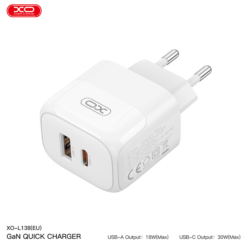 Мережевий зарядний пристрій XO L138 PD30W/QC18W 1USB-A+1USB-C  білий Львів - фото 4