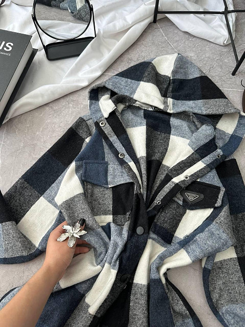 Женская повседневная оверсайз рубашка в клетку с капюшоном турецкий кашемир Джинс, 42/46 Одесса - изображение 3