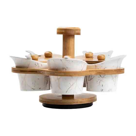 Yiwu Набір для сипучих продуктів 5 банок по 120 на бамбуковій підставці білий Коломыя