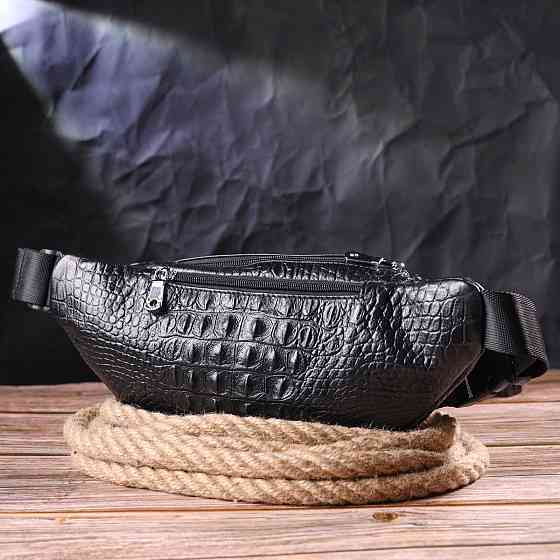 Стильна поясна сумка з натуральної шкіри з фактурою під крокодила 21297 Vintage Чорна Київ