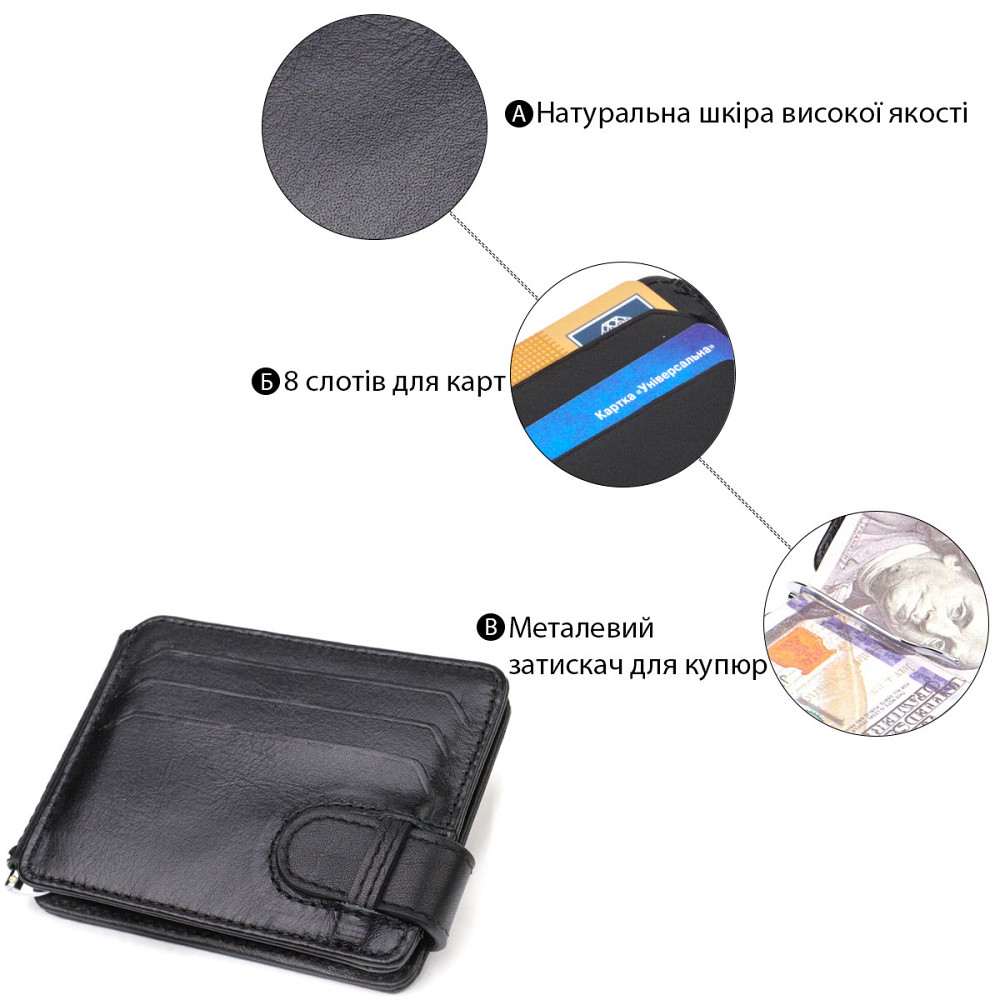 Классический надежный зажим для денег из натуральной гладкой кожи CANPELLINI 21939 Черный Киев - изображение 4