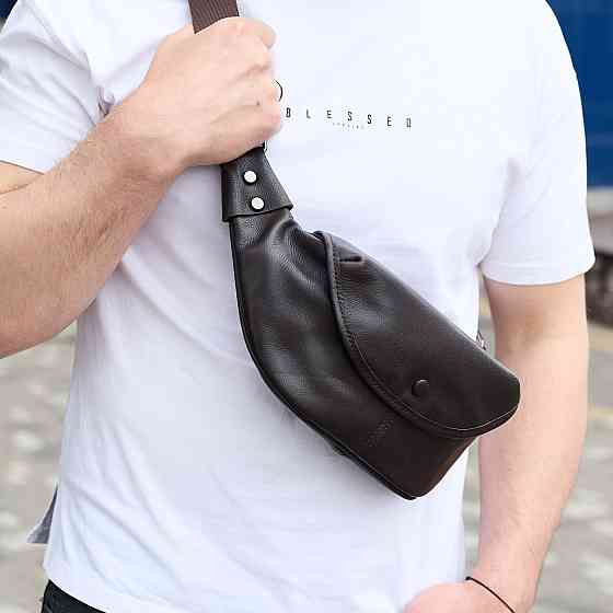Чоловічий шкіряний рюкзак нагрудний для телефону 14х29х8, сумка бананка для міста та відпочинку 70101 чорна Київ