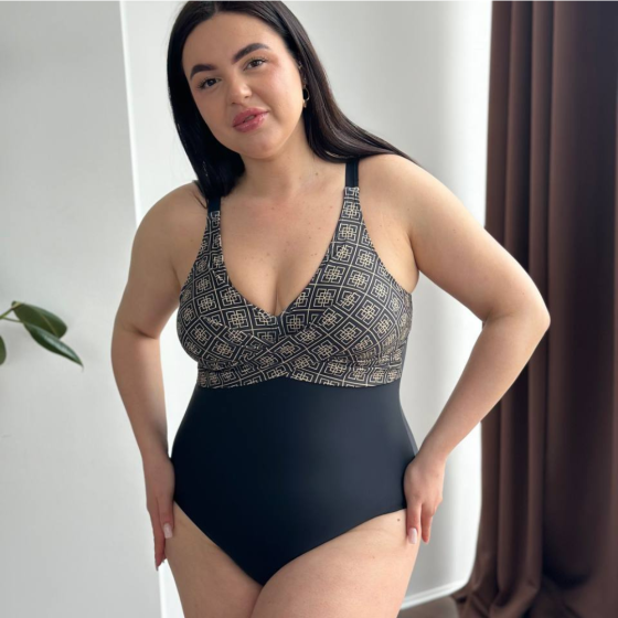 Женский купальник слитный большого размера с принтом plus size с поролоновыми чашками на бретельках бифлекс черный 5XL Одесса