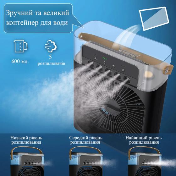 Портативний кондиціонер з контейнером для льоду 4в1: вентилятор, зволожувач, нічник, ароматизатор - чорний Київ