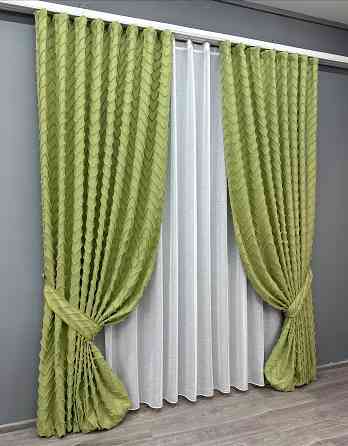 Комплект штор VR-Textil Льон Букле 150х270 2шт і Тюль 500х270 1805ш-115т Оливковий з білим 71-044/4 Київ