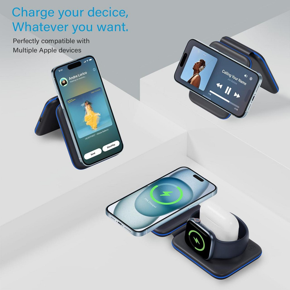 Складана зарядна станція 3в1 Apetiy, MagSafe, для iPhone, Apple Watch, AirPods, 18W адаптер, чорна Київ - фото 2