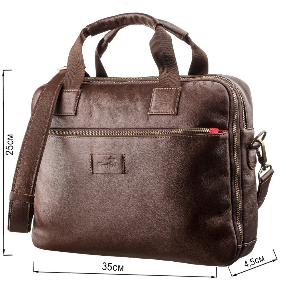 Чоловіча шкіряна сумка під ноутбук на 2 відділення SHVIGEL 19107 Коричнева Київ - фото 3