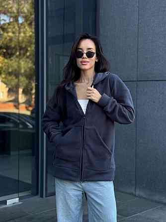 Жіноча тепла кофта оверсайз із капюшоном на блискавці турецький фліс Графіт, 46/48 Одеса