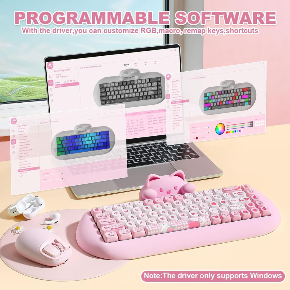Механічна клавіатура YUNZII C68 Cute Cat 65% RGB, Bluetooth/2.4G/USB-C, Hot Swap, Milk Switch, рожева Київ - фото 8
