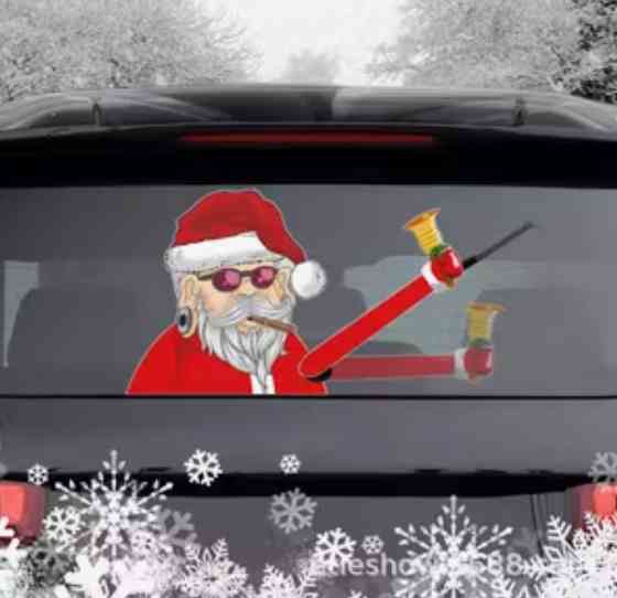 Наклейки на вікна для автомобілів новорічні Дід мороз з дзвіночком 20 на 20см та рука 20 на 3 см червоний Київ