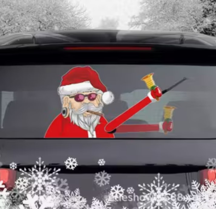 Наклейки на вікна для автомобілів новорічні Дід мороз з дзвіночком 20 на 20см та рука 20 на 3 см червоний Київ - фото 1