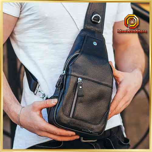 Сумка-слінг чоловіча чорна з натуральної шкіри на одне плече TIDING BAG Київ