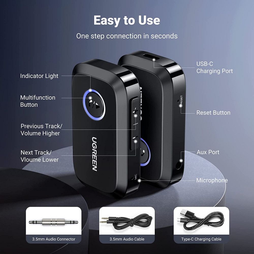 Bluetooth 5.3 приймач UGreen CM596 з AUX-виходом, мікрофоном для автомагнітол, дом.театров 90748 Николаев - изображение 9