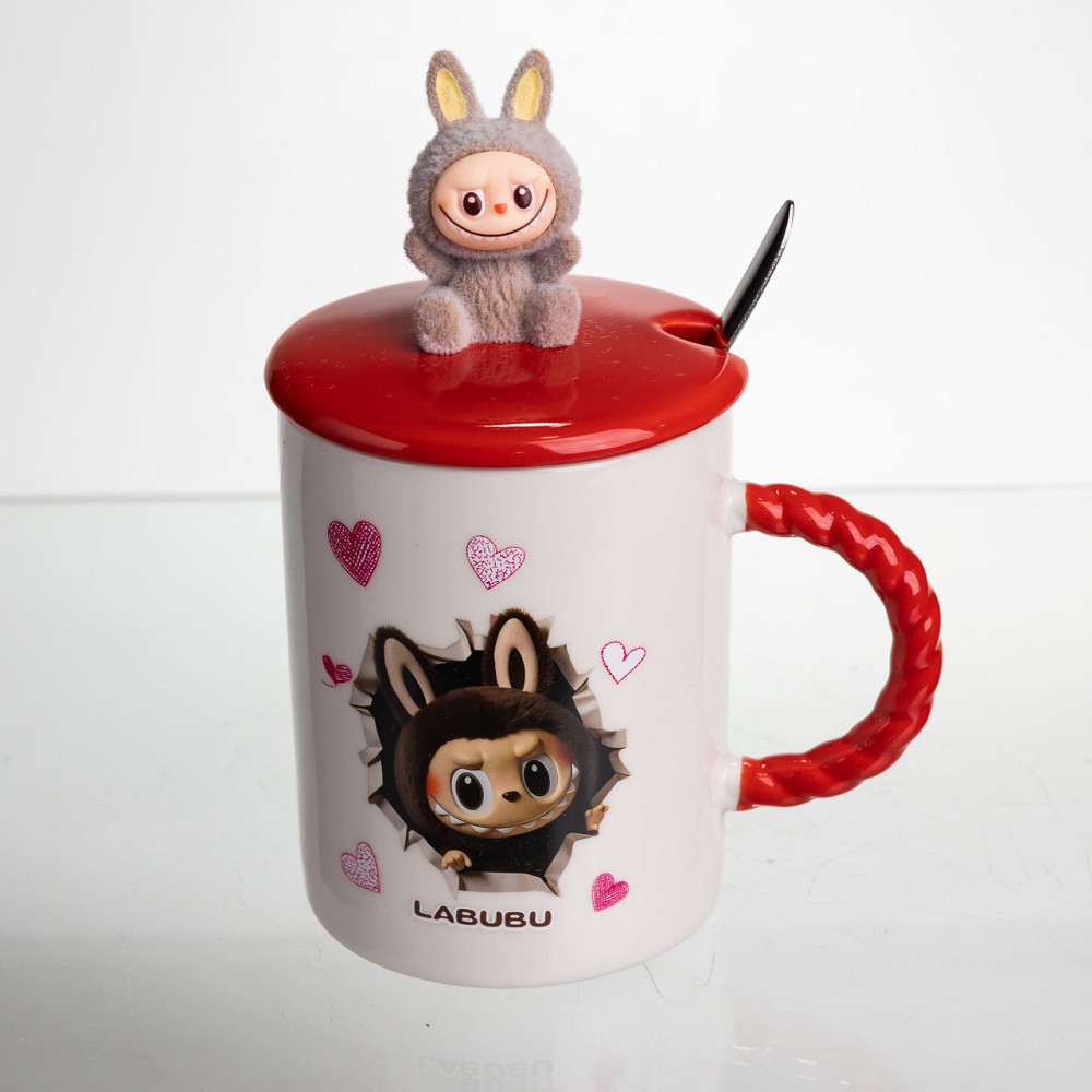 Чашка фарфоровая с крышкой и ложкой Labubu 300 (мл) подарочная кружка прикольная чашка для детей на подарок Красный FM-35D SBR Киев - изображение 1