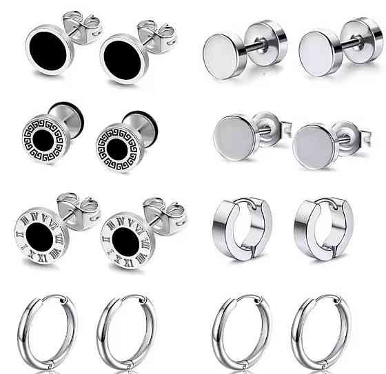 Набір сережок 8 пар – гвоздики пусети та кільця з нержавіючої сталі Київ